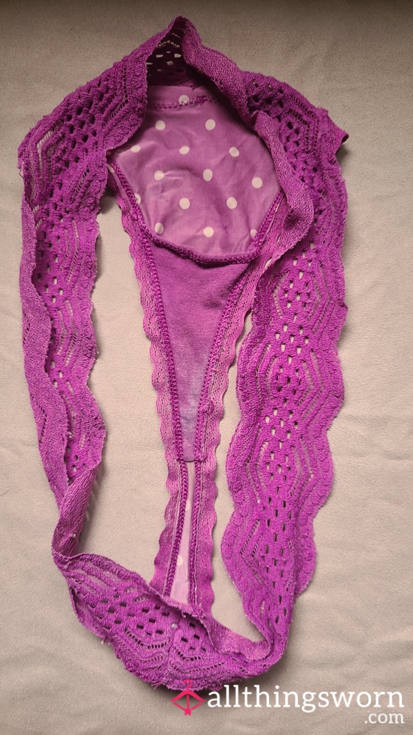 Purple Faded/Lightly Bleached Gusset - 5 Year Old Thong! - Polka Dot + Lace