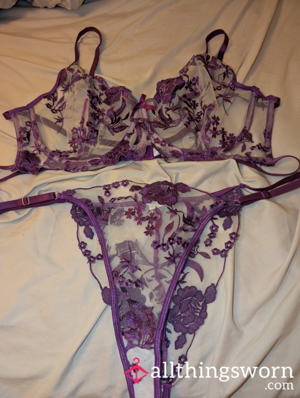 Purple Flor*l Bra And Thong