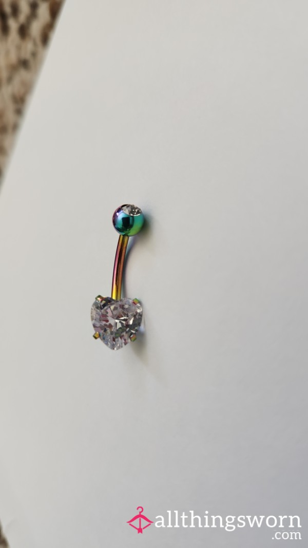 🏳️‍🌈 Rainbow Metallic Belly Bu*ton Ring With Clear Heart Gem 🏳️‍🌈