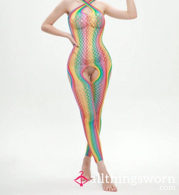 Rainbow Net Crotchless Bodysuit