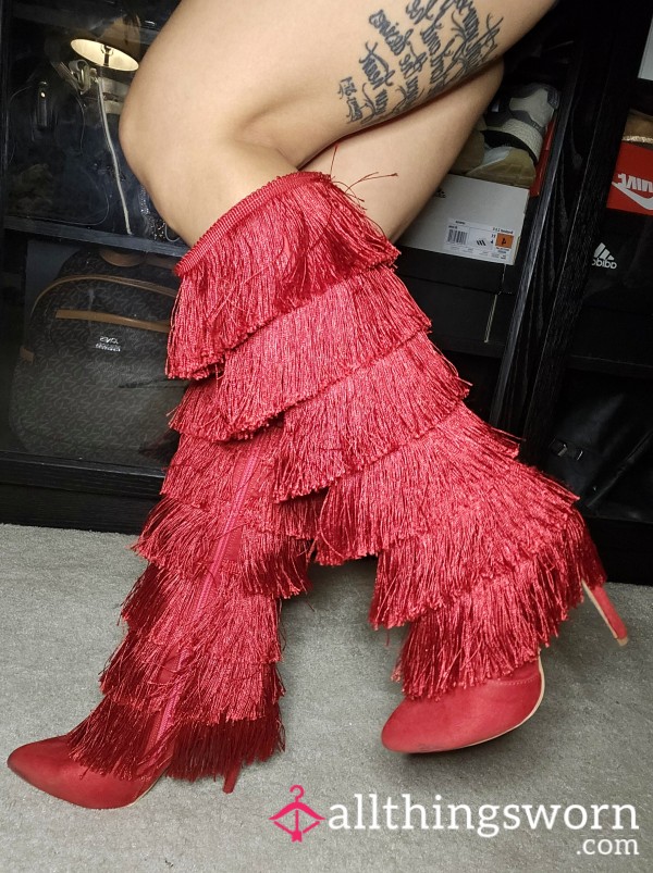 💋 Rare Red Fringe Boots Tall Knee High High Heeled Boots Stilleto Pointed Toe Bright Funky Well Loved S**y Shoes Asian Japanese Petite Fitness Model