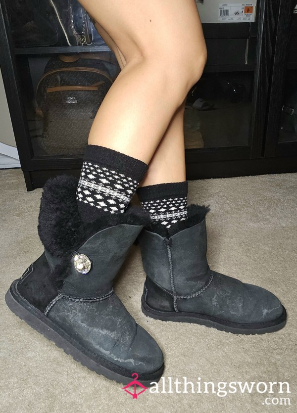 💎 Rare Uggs Bailey Bling Boots Shoes Well Worn Jewel Accents Super Old Dirty Stained Black Uggs Short Soft Fur Winter Boots Asian Japanese Arched Petite Feet