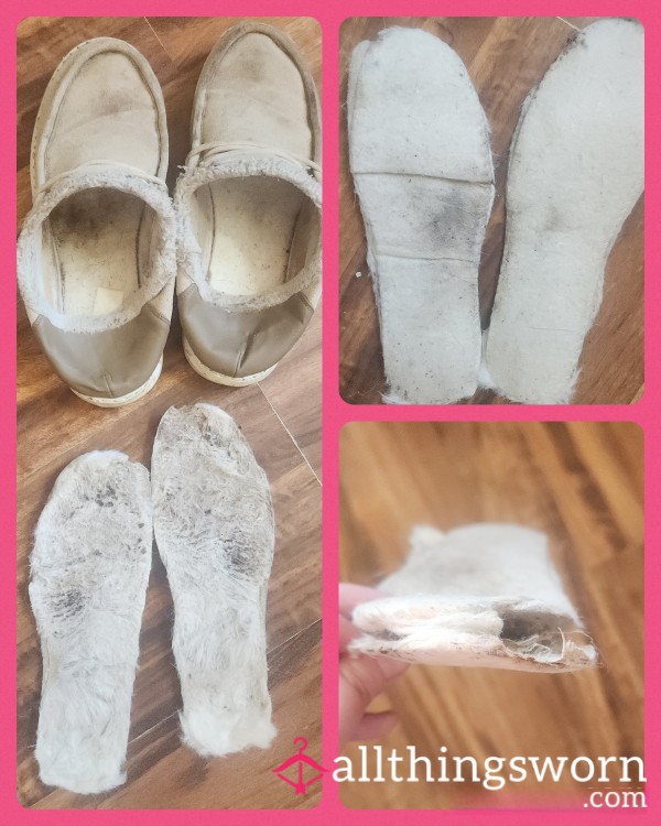 Ratty Well Worn Slippers With Dirty, Smelly White Fleece Insoles|Worn Daily And Still Wearing|Sweaty Formerly White Fleece Insoles|busted Down Backs|stained Uppers|Stinky