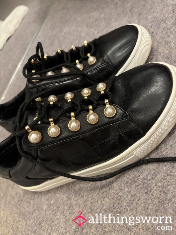 Really Worn Black Trainers With Gold And Pearl