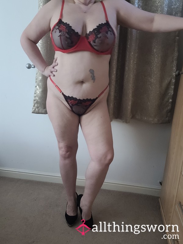 Red And Black Bra And Thong Set