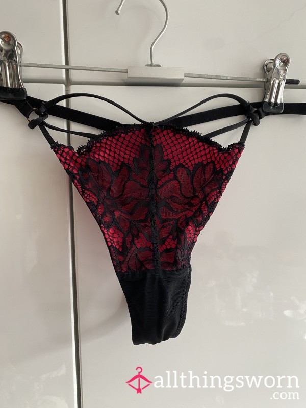 Red And Black Lacy G-string, Worn All Day And During Two Hours Of Gymnastics,