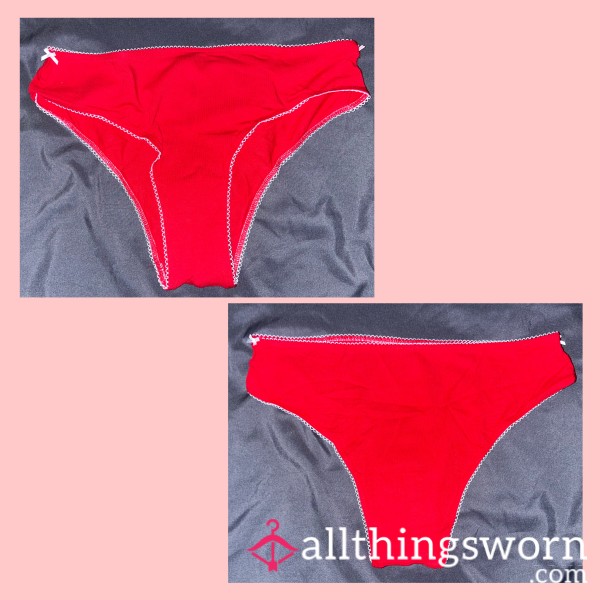 RED AND WHITE TRIM W/LITTLE BOWS “VS PINK” CHRISTMAS COTTON CHEEKY PANTIES MEDIUM - WORN FOR 24 HOURS 💦