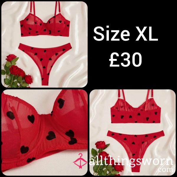 Red Bra & Thong With Black Hearts Size 16 / XL