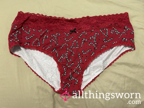 ~RED CANDYCANE HEARTS PRINT LACE TRIM COTTON CHEEKY PANTY~