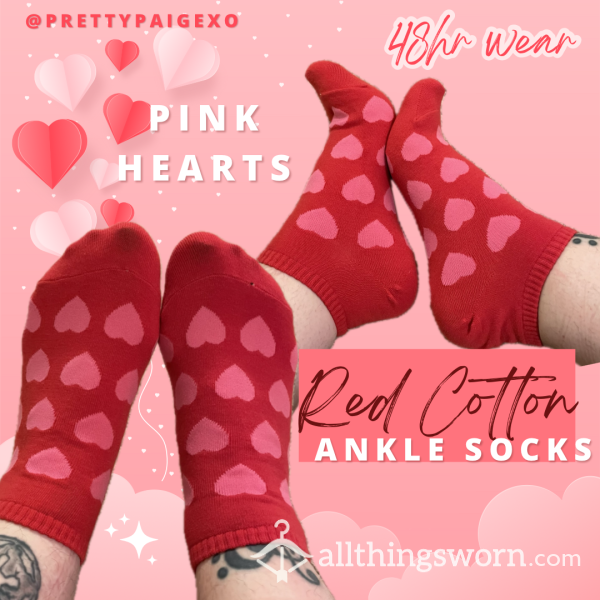 Red Cotton Ankle Socks ❣️ Pink Hearts, Small Size 5.5 Feet 💕 48hr Wear