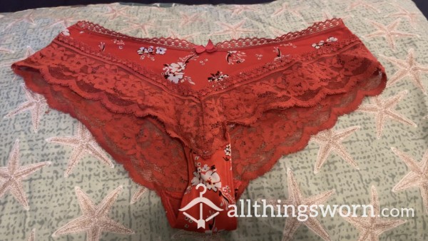 Red Flor*l Panties, Lace Trim