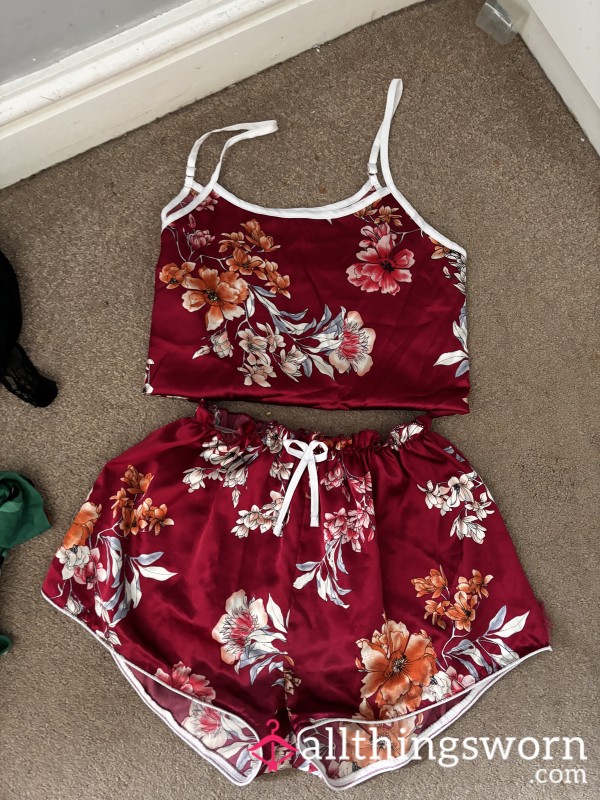 Red Flowery Two Piece Satin PJ Set