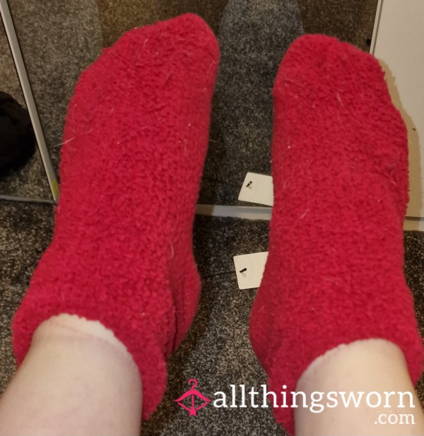 Red Fluffy Well Worn Socks