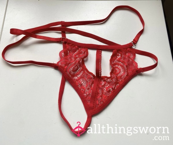 Red G-string With Double Side Straps, Stains