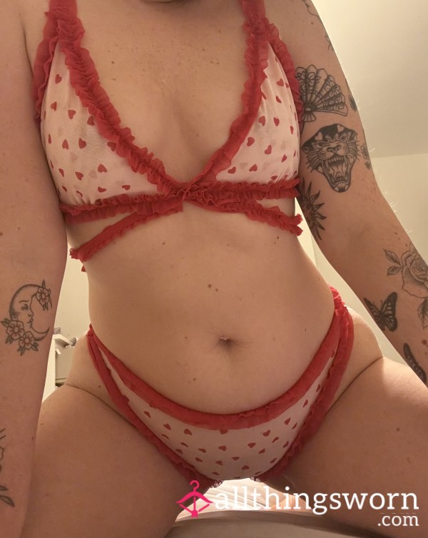 Red Heart Mesh And Frill Set. Full Back Panties