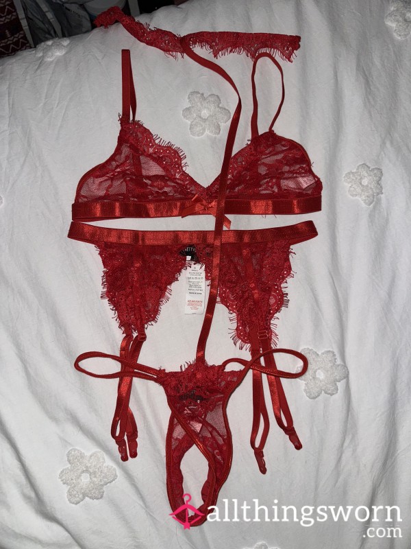 Red Lace 3 Piece Lingerie Set