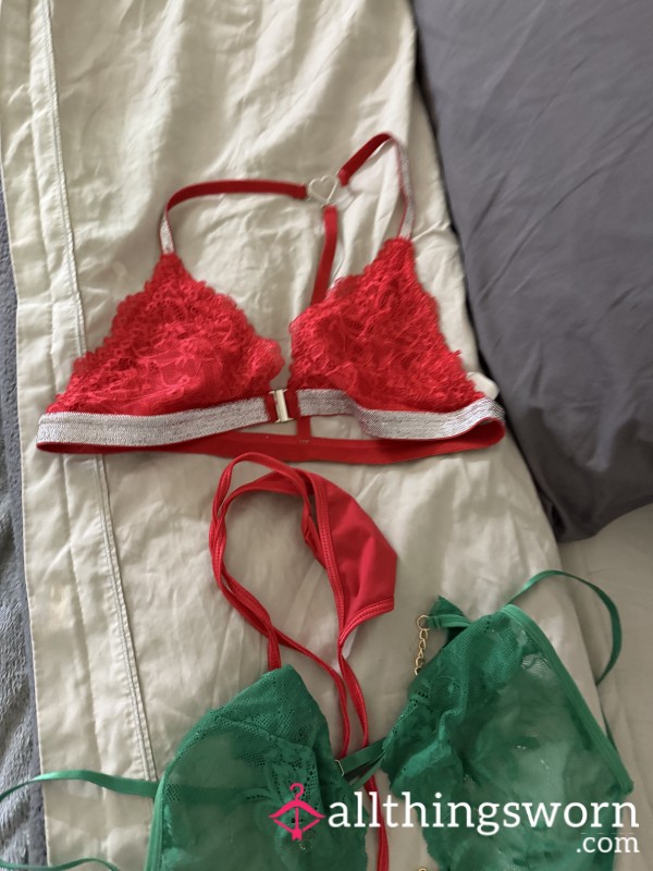 Red Lace Bra And Red Thongs