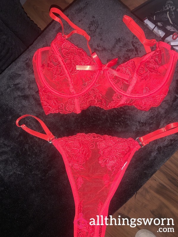 Red Lace Bra And Thong Set