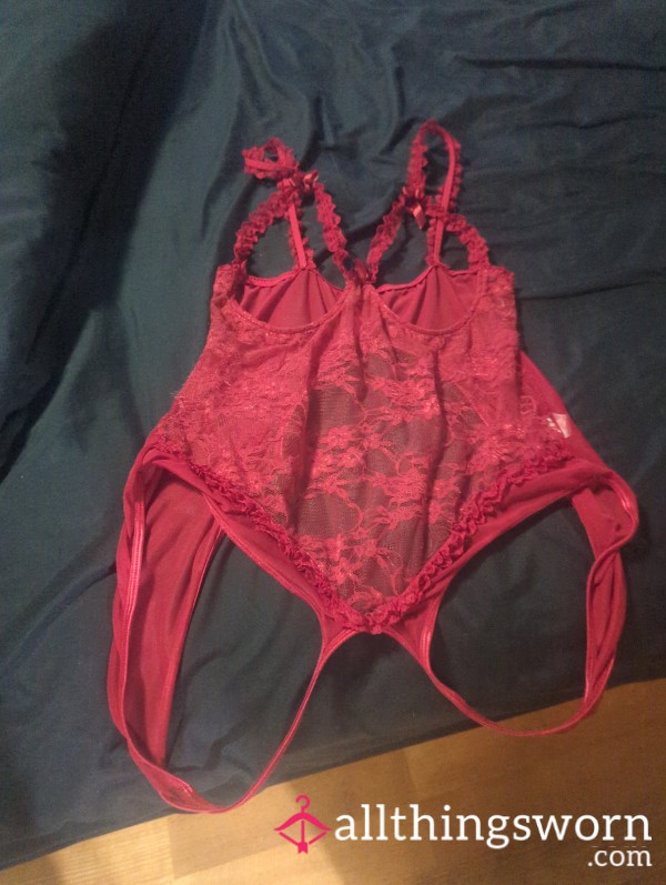 Red Lace Crotchless Body Suit W/ Boobie Holes! Well Loved & Well Worn!