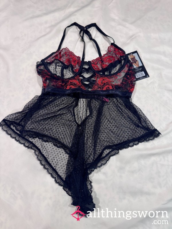 💋 New With Tags. Red Lace Temptress - Sheer Black Teddy For Your Eyes Only