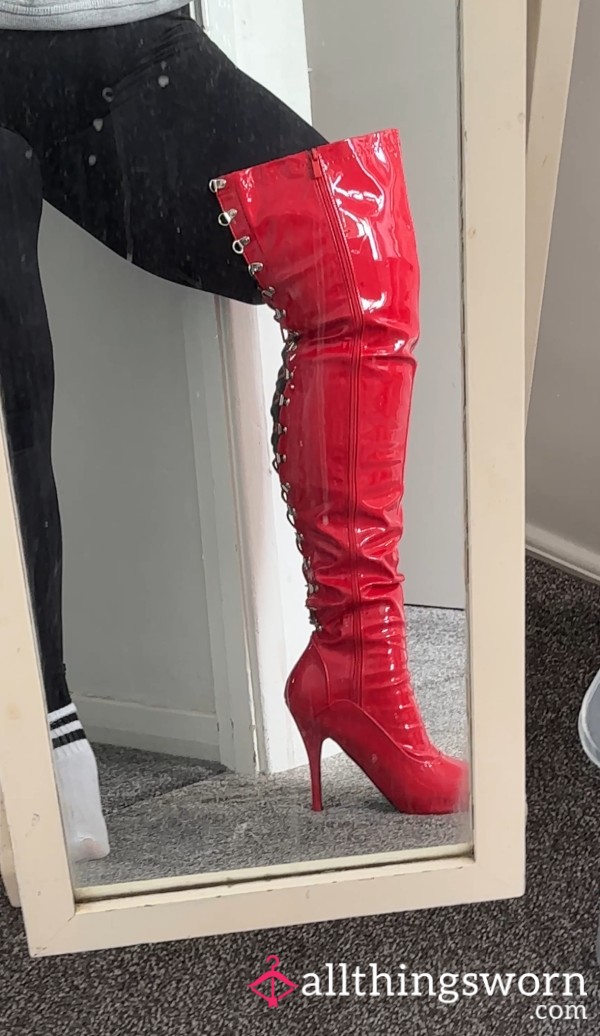 Red. Leather. Thigh High. Heels 💋