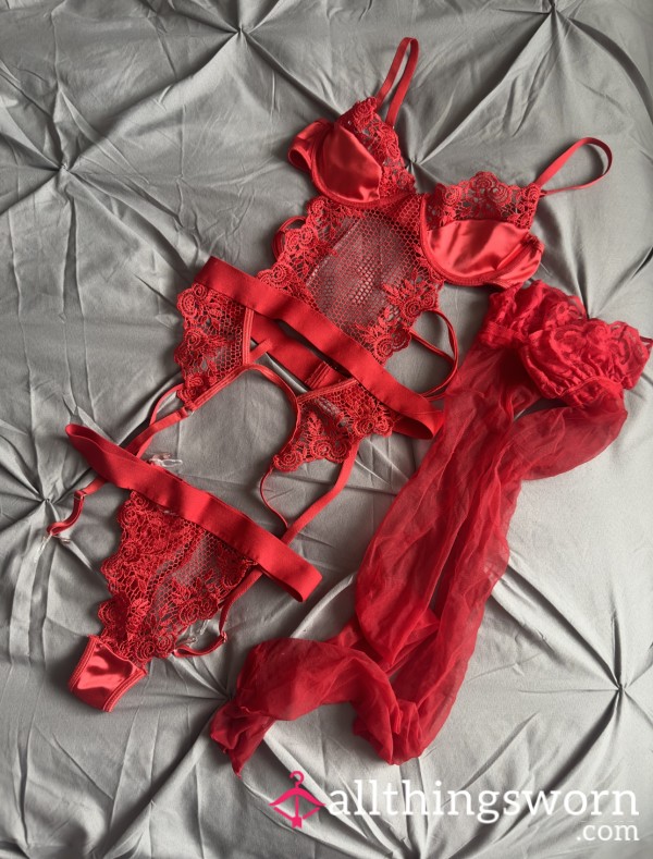 Red Lingerie Set With Stockings