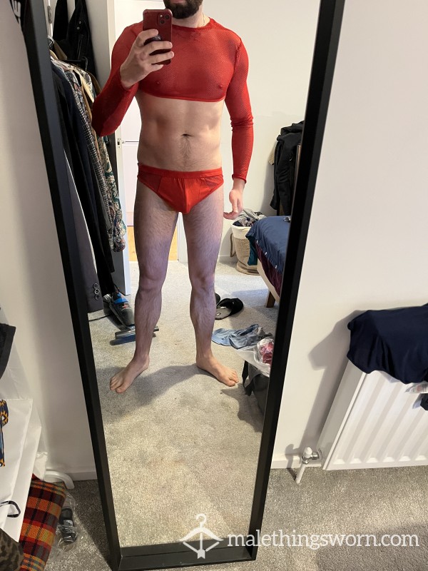 Red Mesh Crop Top And Matching Briefs