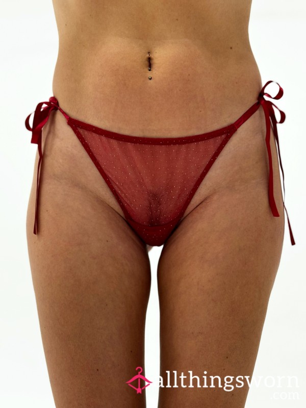 Red Mesh Thong With Bows