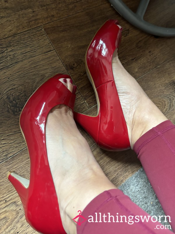 Red Patent Leather P**p Toe Heels