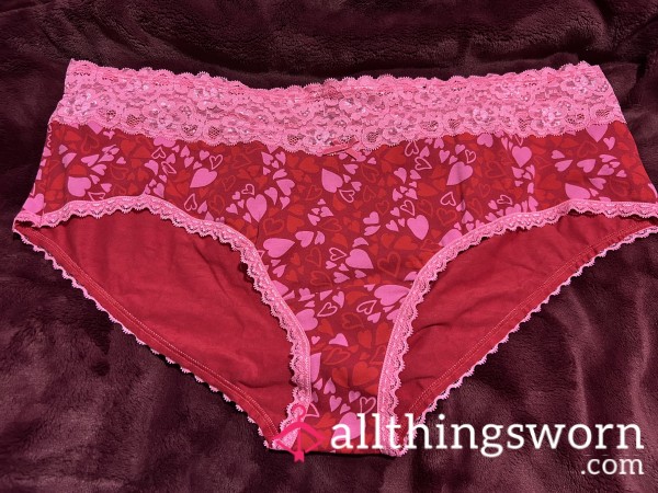 ~RED & PINK HEART PATTERN LACE TRIM COTTON CHEEKY PANTY~