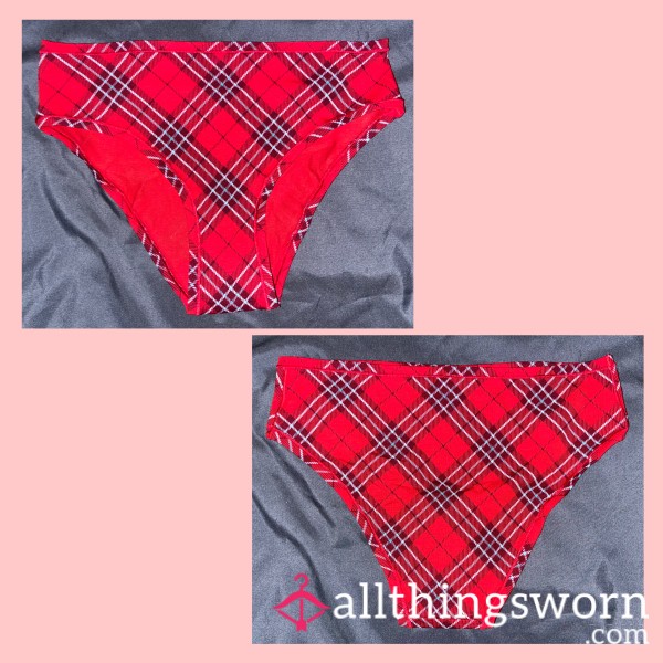 RED PLAID “VS PINK” CHRISTMAS COTTON CHEEKY PANTIES MEDIUM - WORN FOR 24 HOURS 💦