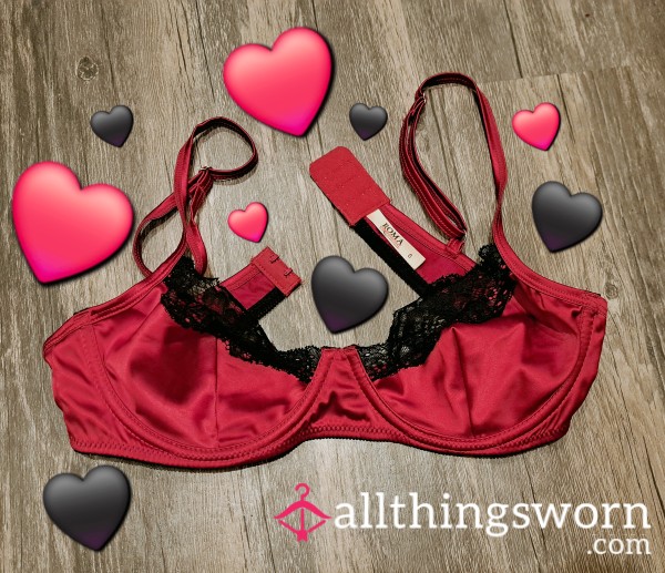 Red Satin Bra With Black Lace, As Seen In My Sloppy Di**o Clip ❤️🖤❤️