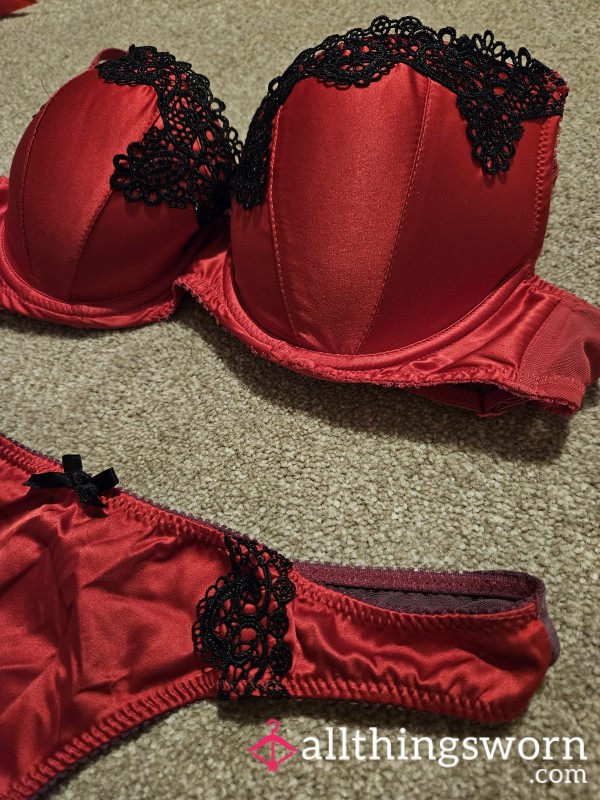 Red Silk Bra And Thong Worn