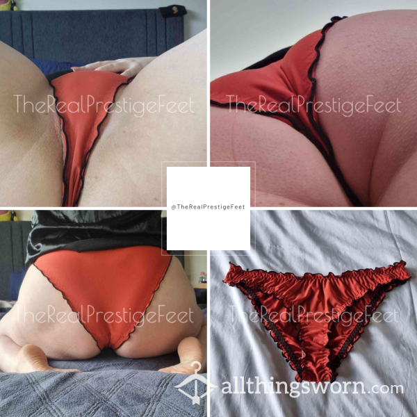 Red Silky Polyester Knickers With Black Trim | Size 1XL | 2 Days Wear | Includes Pics & Premade Video | See Listing Photos For More Info - From £18.00 + P&P