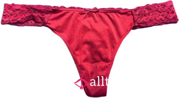 Red Silky Thong With Lace Trim