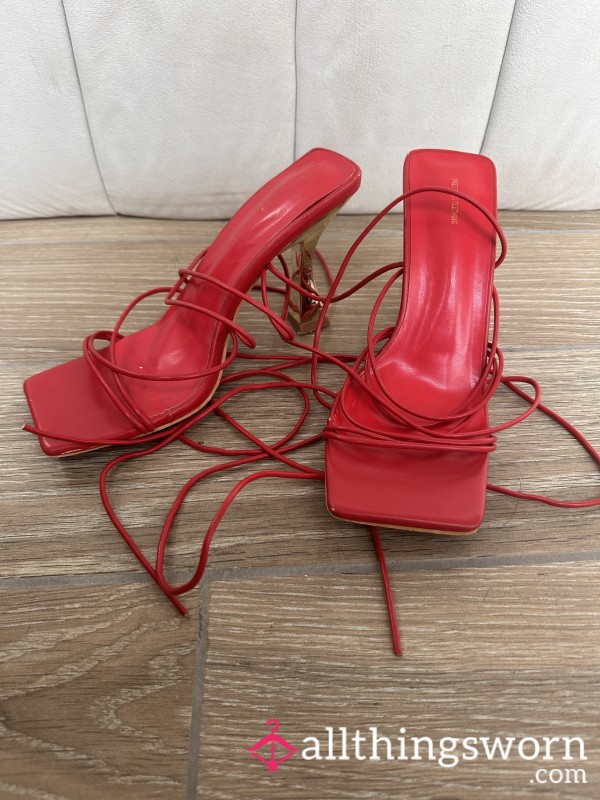 Red Square Toe Strappy Wrap Around  Heals