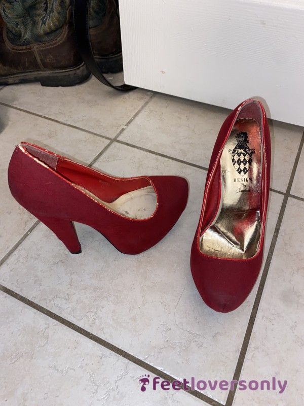 Red, Velvet Chunky 4 Inch Pair Of High Heels