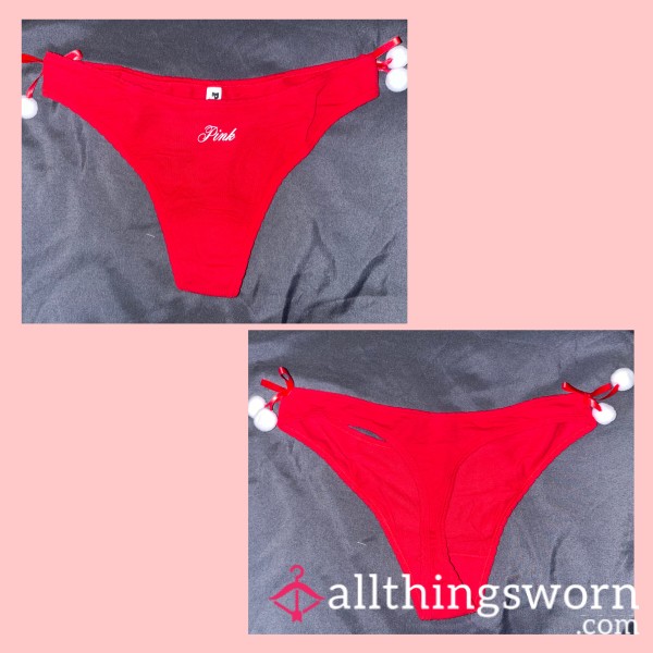 RED “VS PINK” W/ LITTLE WHITE BALLS CHRISTMAS COTTON THONG MEDIUM - WORN FOR 24 HOURS 💦