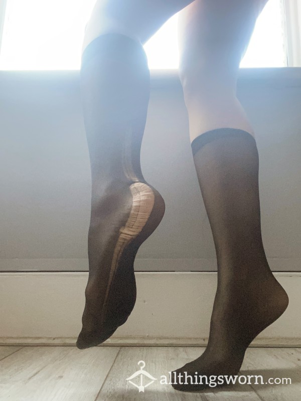 Ripped Knee High Nylon Socks Black