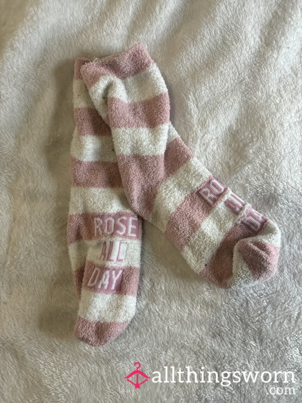 Rose All Day Cute Pink & White Fuzzy Striped Ankle Socks