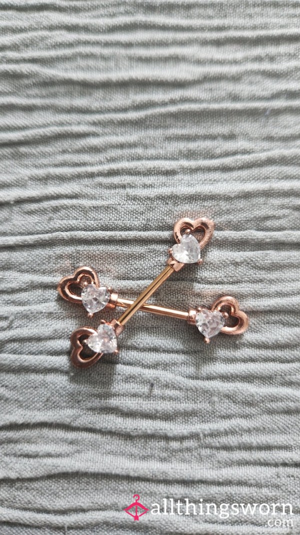 🌹 Rose Gold Barbell Nipple Rings With Crystal Hearts 🌹