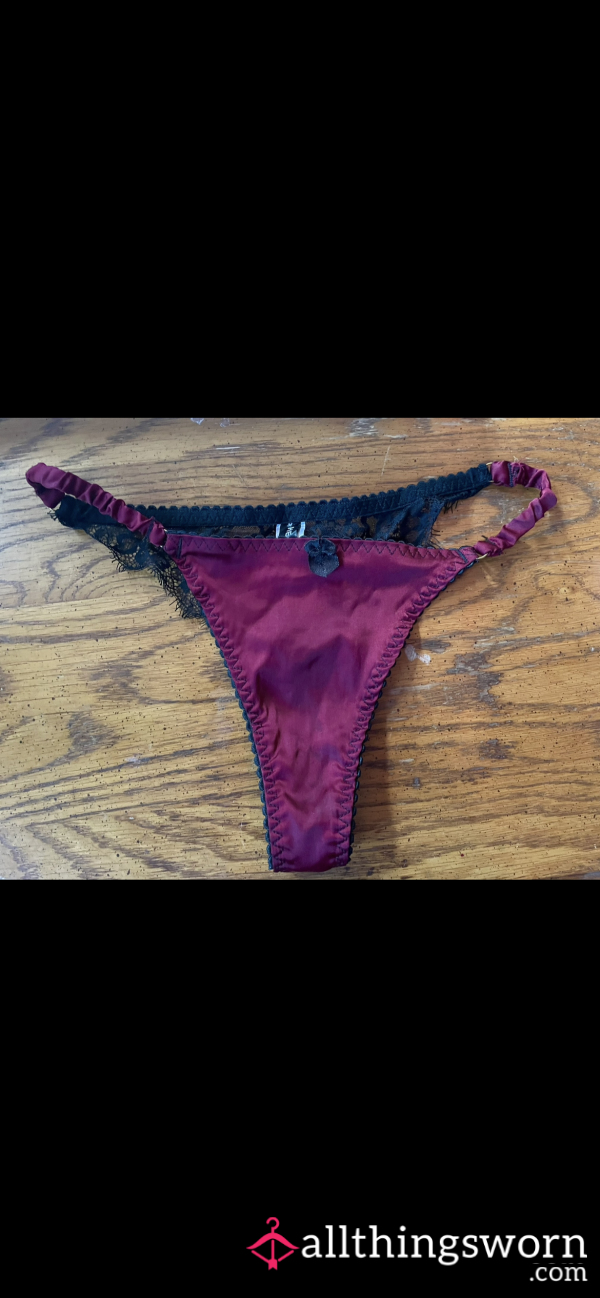 Satin And Lace Burgundy Thong