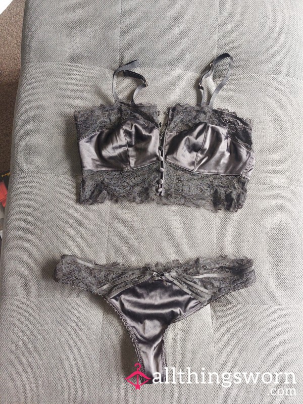 Satin Black Thong And Satin Bralette Set