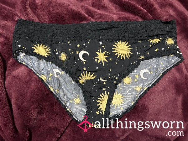 ~SATIN CELESTIAL BLACK & GOLD LACE TRIM CHEEKY PANTY~