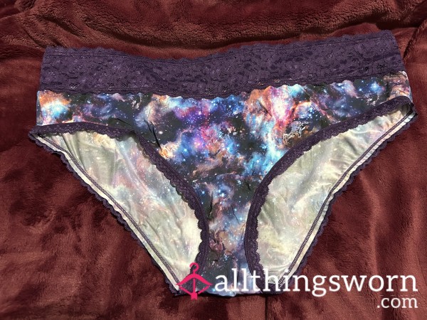 ~SATIN PURPLE GALAXY PRINT CHEEKY LACE TRIM PANTY~