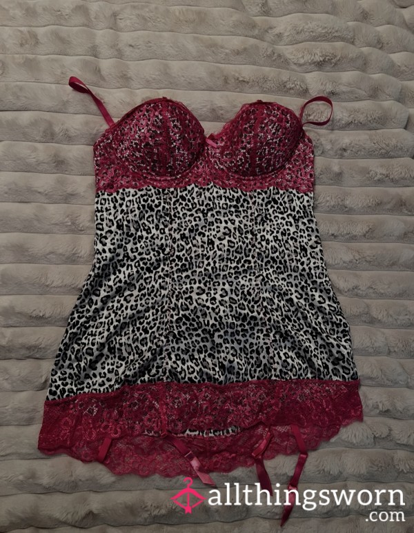 Satin With Lace Animal Print BabyDoll Molded Cup Lingerie