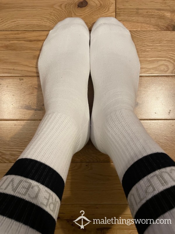 Sculpture Centre White Sports Crew Socks With Black Stripes. Ready To Be Customised For You