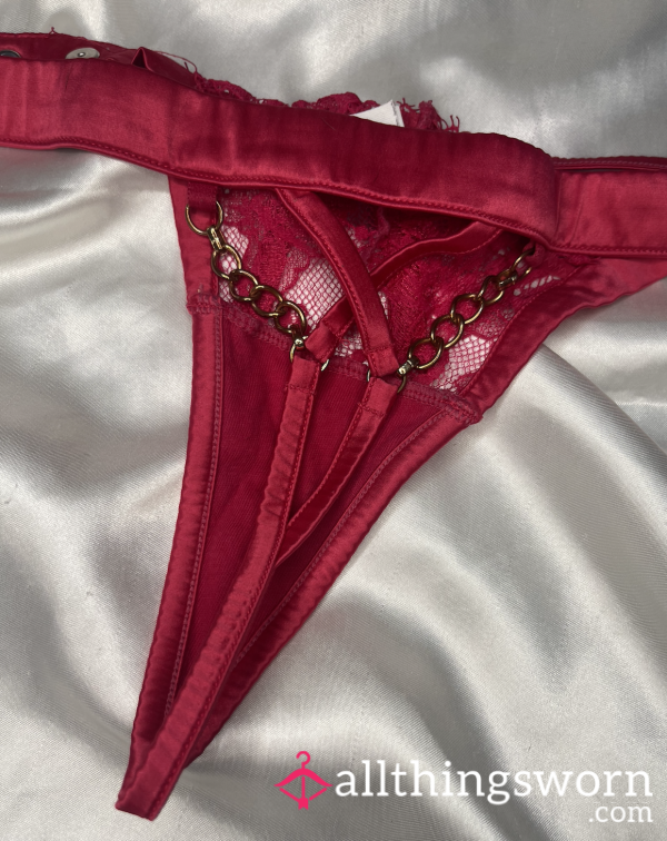 Seductive Red Lace Thong With Gold Chain Detail – Worn & Sensual