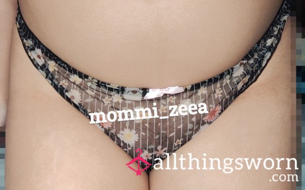 See Through Black Thong With Flower Design Size Medium