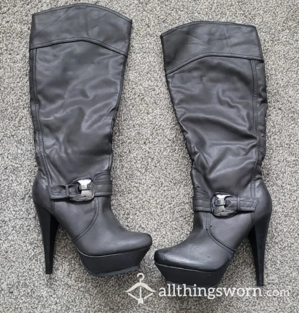 Bundle Buy - S**y Black Faux Leather Heeled Boots.. Well Worn .. 4 Pics & A Walking Tease Video Included